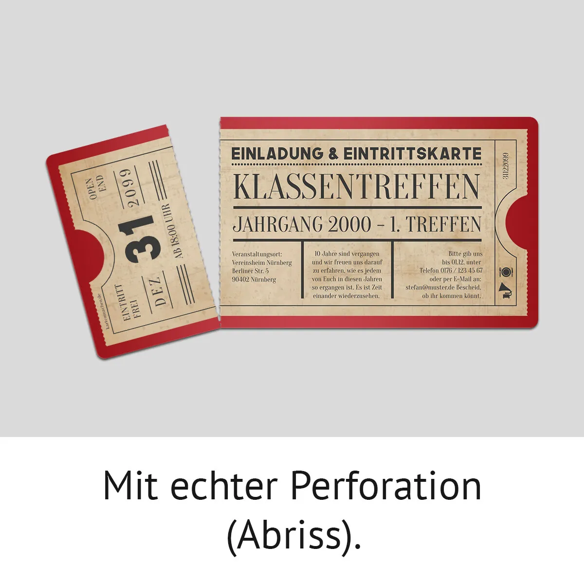 Klassentreffen Einladungskarten - Vintage Ticket in Rot