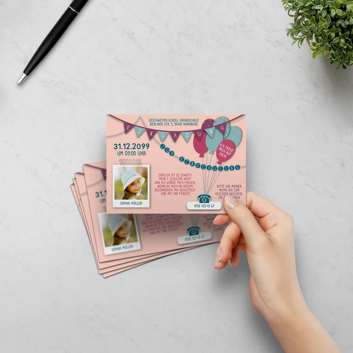 Einschulung Einladungskarten - Fahnen Girlande in Rosa